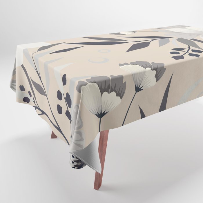 Modern, Boho, Floral Prints, Beige, Gray and White Tablecloth Gallery Image 1