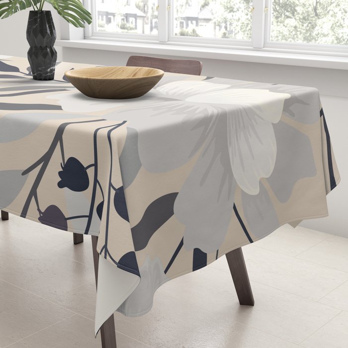 Modern, Boho, Floral Prints, Beige, Gray and White Tablecloth Gallery Image 3