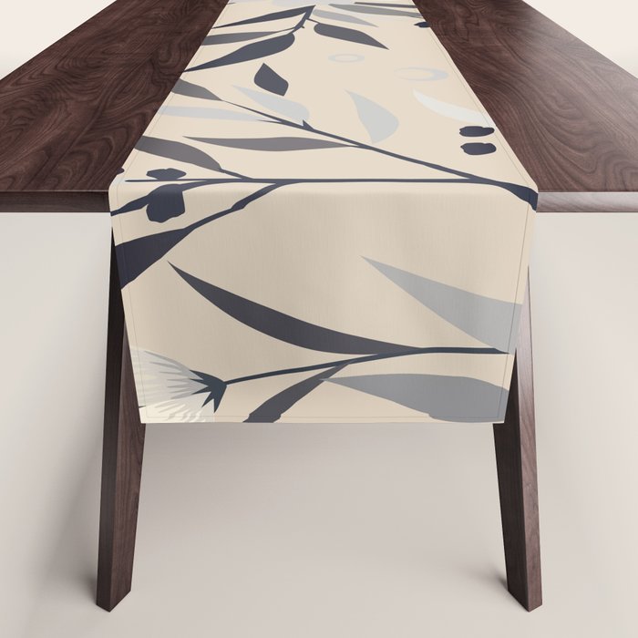 Modern, Boho, Floral Prints, Beige, Gray and White Table Runner Gallery Image 1