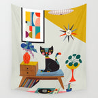 Retro black cat & record player Wall Tapestry Gallery Image 4
