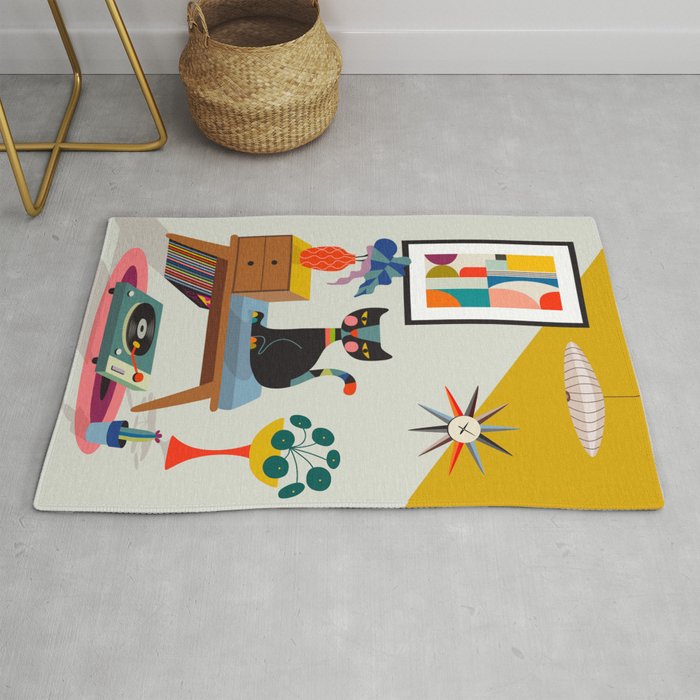 Retro black cat & record player Rug Gallery Image 1