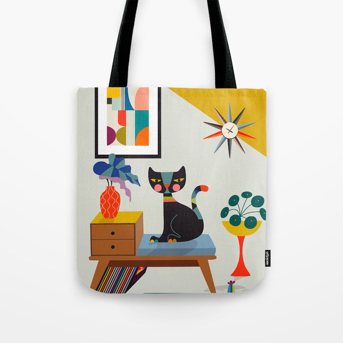 Retro black cat & record player Tote Bag Gallery Image 1