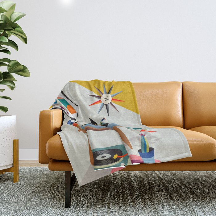 Retro black cat & record player Throw Blanket Gallery Image 1