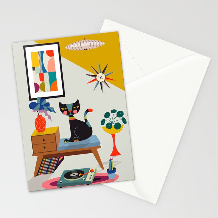 Retro black cat & record player Stationery Card Gallery Image 2