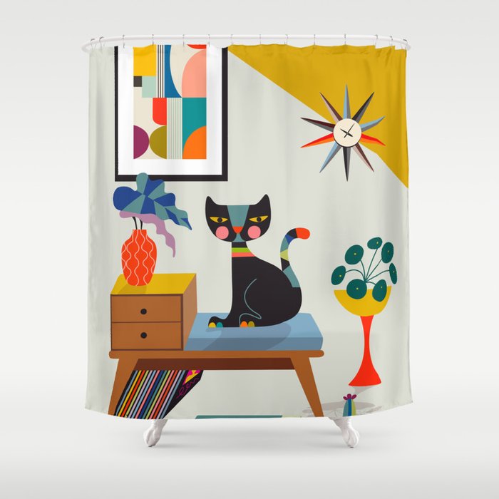 Retro black cat & record player Shower Curtain Gallery Image 1