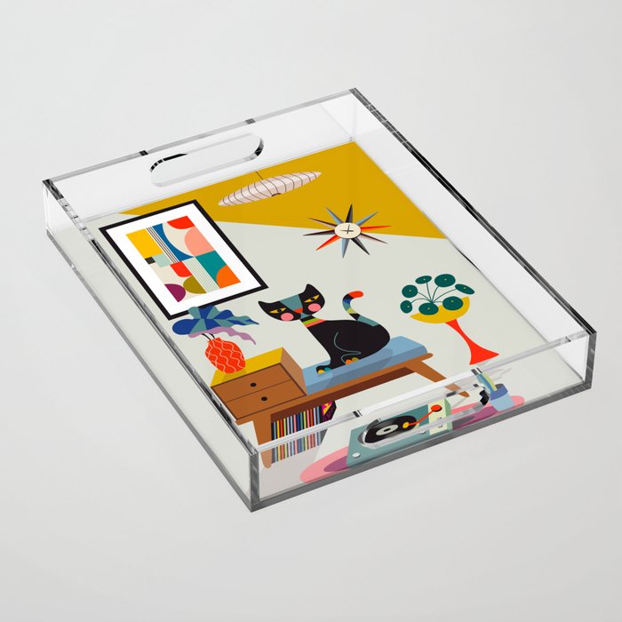 Retro black cat & record player Acrylic Tray Gallery Image 1