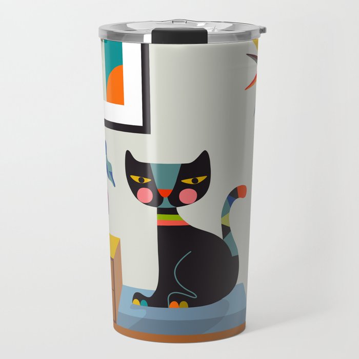 Retro black cat & record player Travel Mug Gallery Image 1