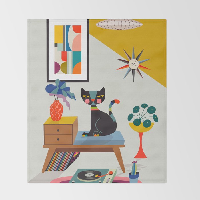 Retro black cat & record player Throw Blanket Gallery Image 2