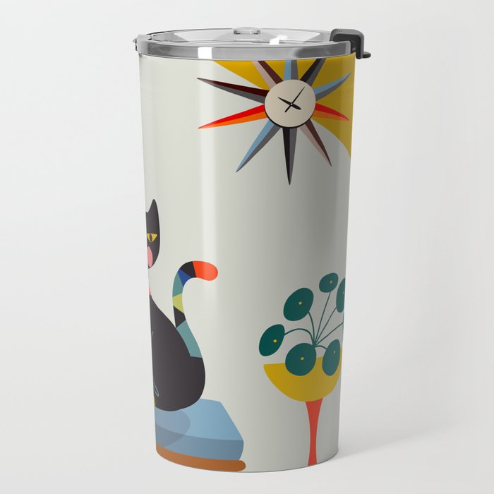 Retro black cat & record player Travel Mug Gallery Image 2