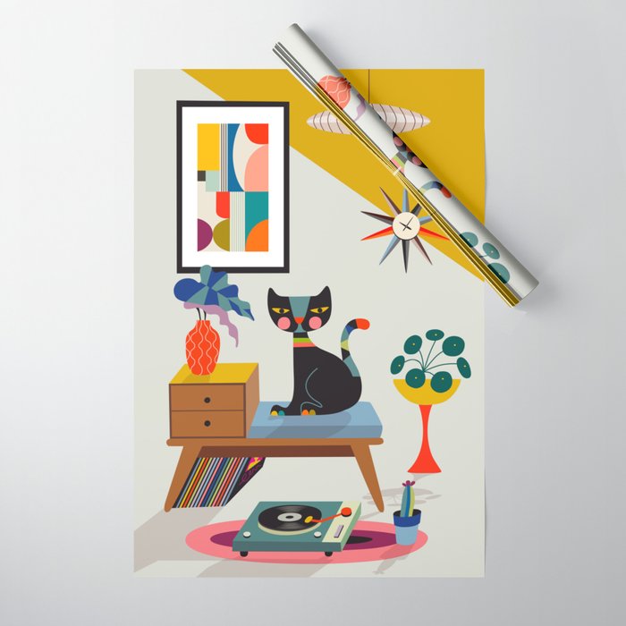 Retro black cat & record player Wrapping Paper Gallery Image 1