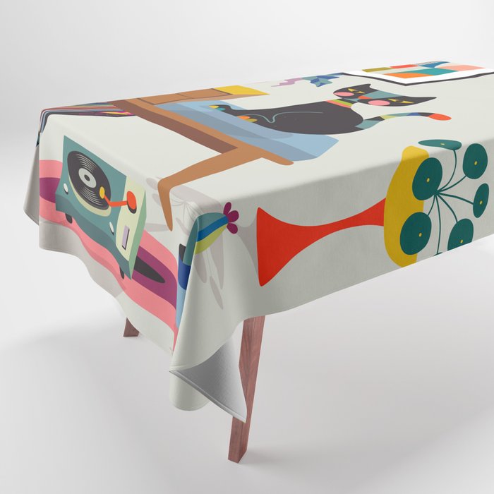 Retro black cat & record player Tablecloth