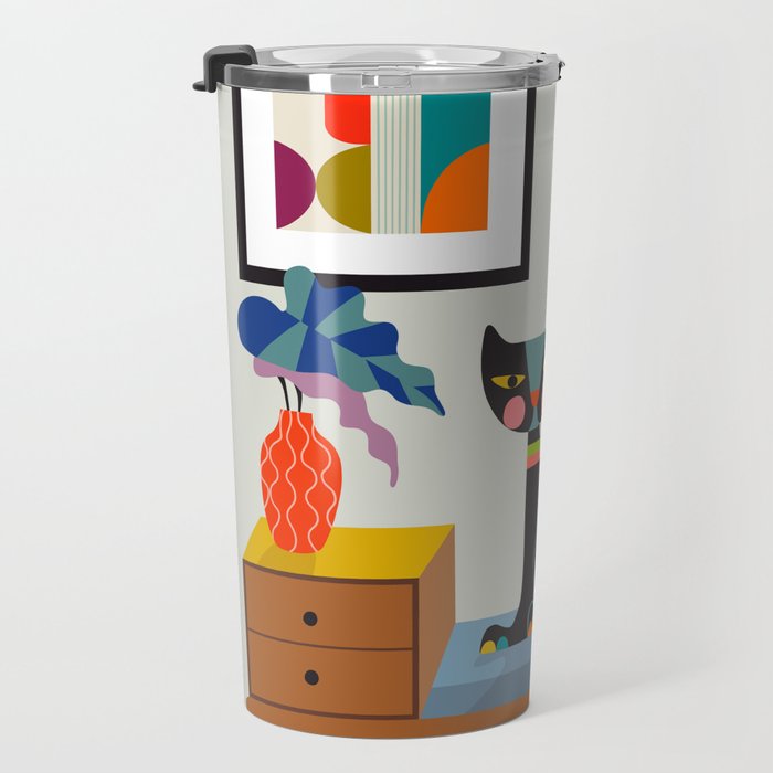 Retro black cat & record player Travel Mug Gallery Image 3