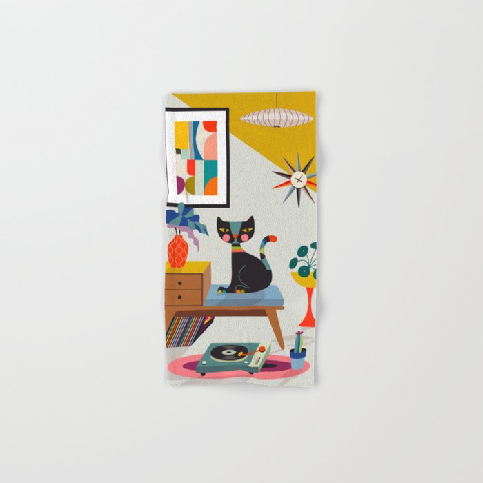 Retro black cat & record player Bath Towel Gallery Image 1
