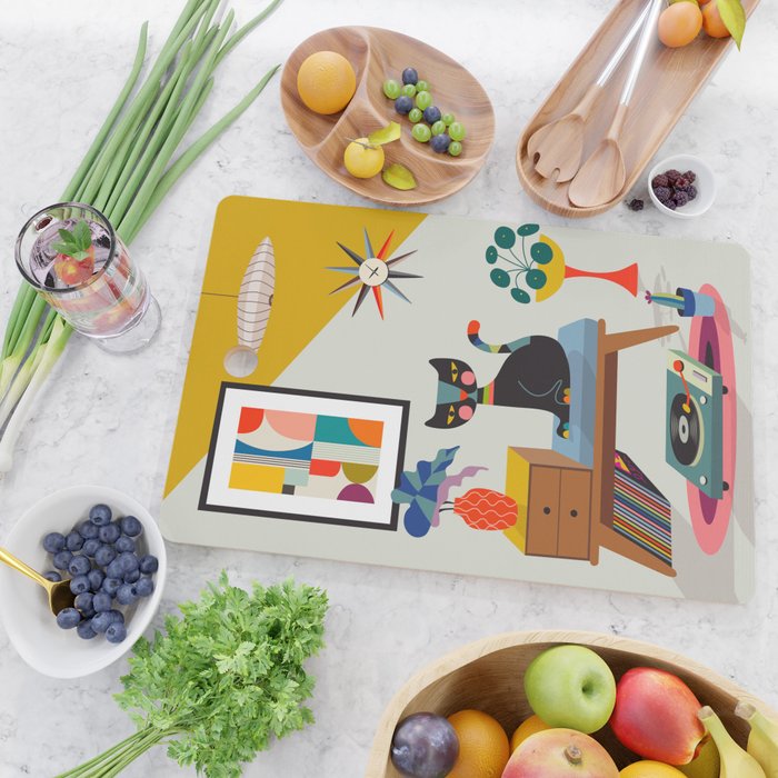 Retro black cat & record player Cutting Board Gallery Image 2