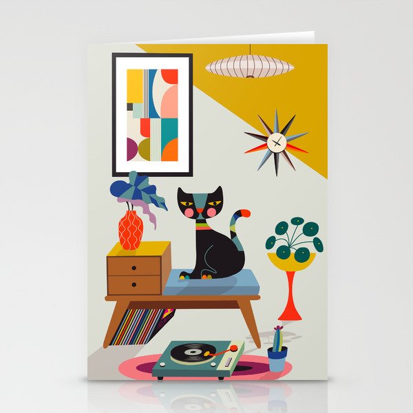 Retro black cat & record player Stationery Card Gallery Image 2