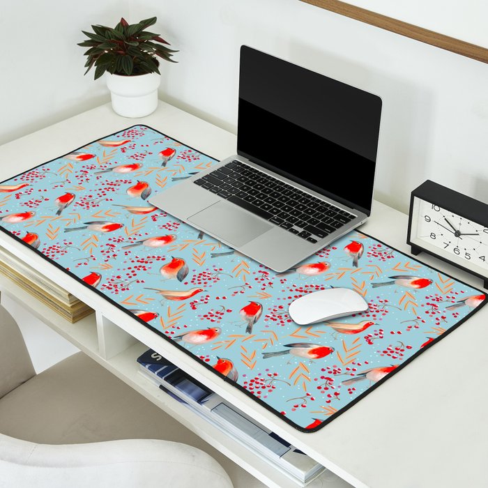 Cute red Robin birds and berries blue winter Desk Mat Gallery Image 2