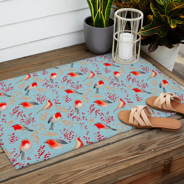 Cute red Robin birds and berries blue winter Outdoor Rug Gallery Image 2
