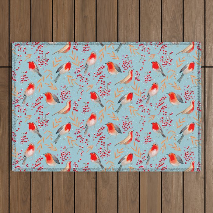 Cute red Robin birds and berries blue winter Outdoor Rug Gallery Image 1
