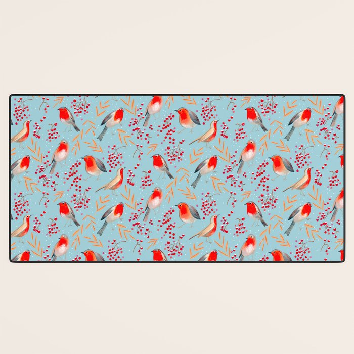 Cute red Robin birds and berries blue winter Desk Mat Gallery Image 3