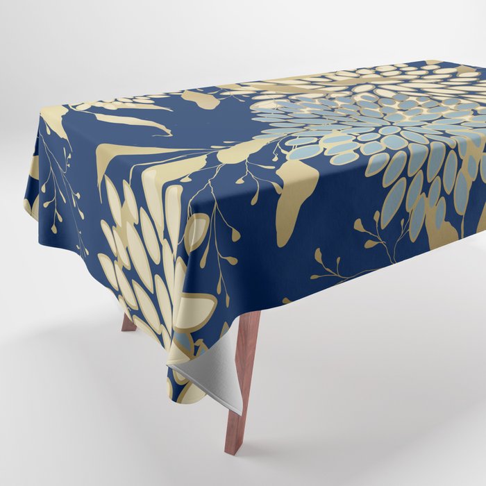 Floral Blooms and Leave, Blue, Navy, Gold, Cream Tablecloth Gallery Image 1