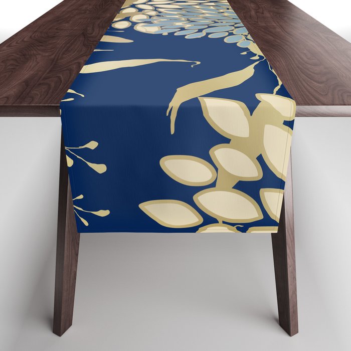 Floral Blooms and Leave, Blue, Navy, Gold, Cream Table Runner Gallery Image 1