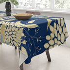 Floral Blooms and Leave, Blue, Navy, Gold, Cream Tablecloth Gallery Image 3