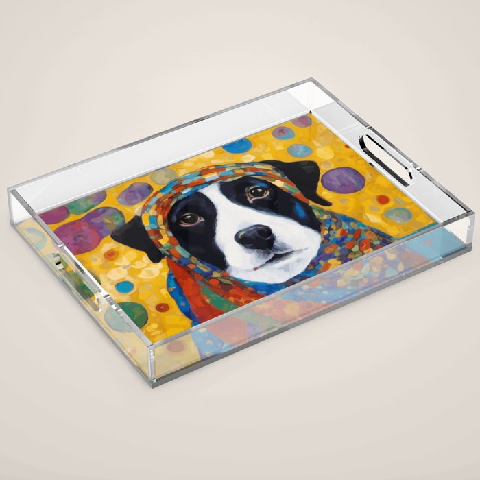 Gustav Klimt Style Dog with Colorful Scarf Acrylic Tray Gallery Image 1