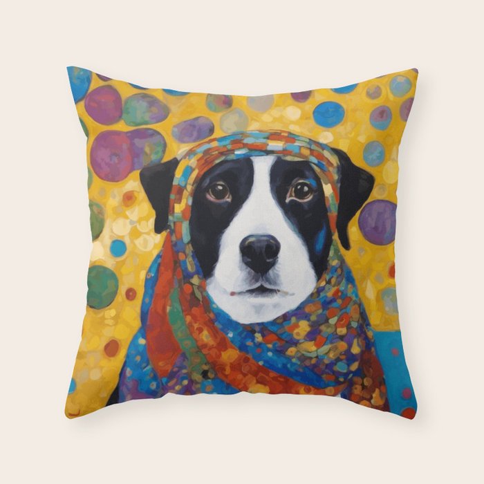 Gustav Klimt Style Dog with Colorful Scarf Throw Pillow Gallery Image 1