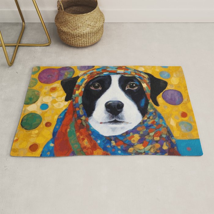 Gustav Klimt Style Dog with Colorful Scarf Rug Gallery Image 1