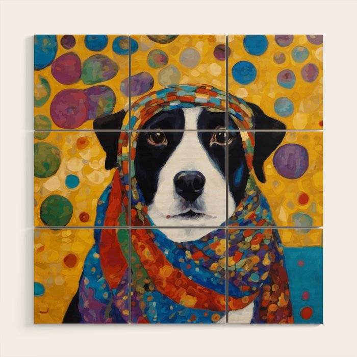 Gustav Klimt Style Dog with Colorful Scarf Wood Wall Art Gallery Image 1