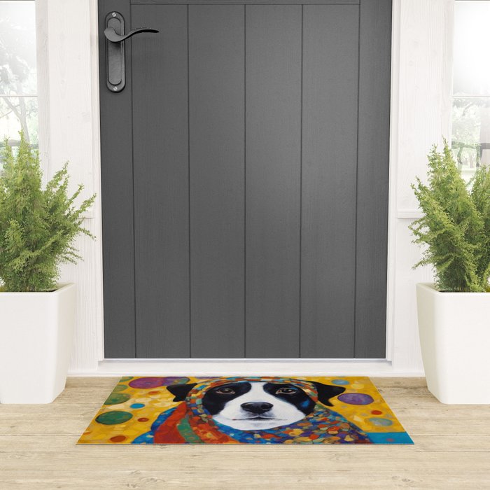 Gustav Klimt Style Dog with Colorful Scarf Welcome Mat Gallery Image 3