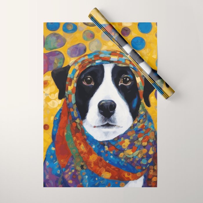 Gustav Klimt Style Dog with Colorful Scarf Wrapping Paper Gallery Image 1