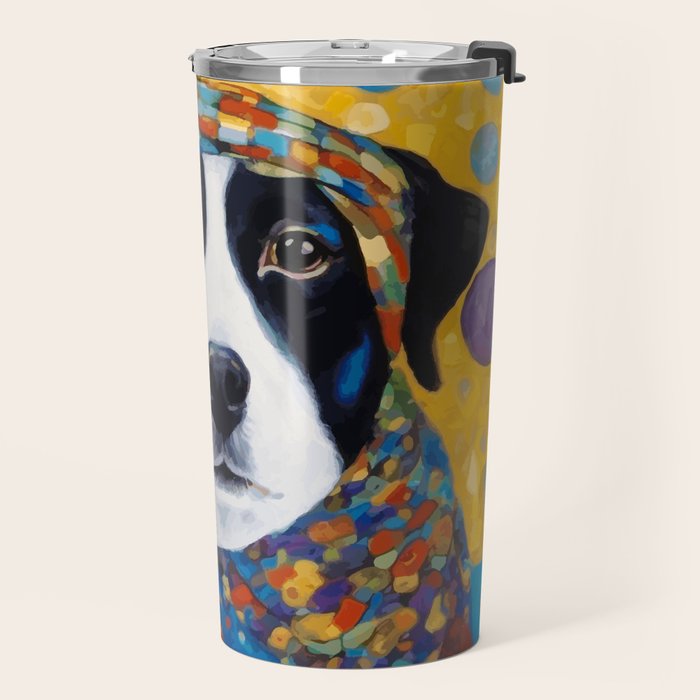 Gustav Klimt Style Dog with Colorful Scarf Travel Mug Gallery Image 2