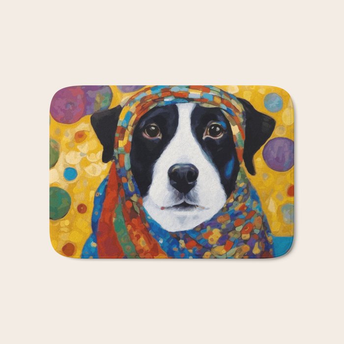 Gustav Klimt Style Dog with Colorful Scarf Bath Mat Gallery Image 1