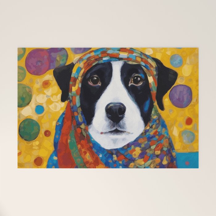 Gustav Klimt Style Dog with Colorful Scarf Welcome Mat Gallery Image 1