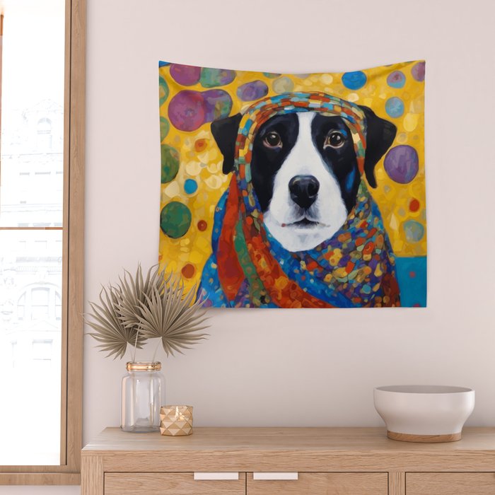 Gustav Klimt Style Dog with Colorful Scarf Wall Tapestry Gallery Image 2