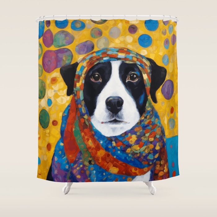 Gustav Klimt Style Dog with Colorful Scarf Shower Curtain Gallery Image 1