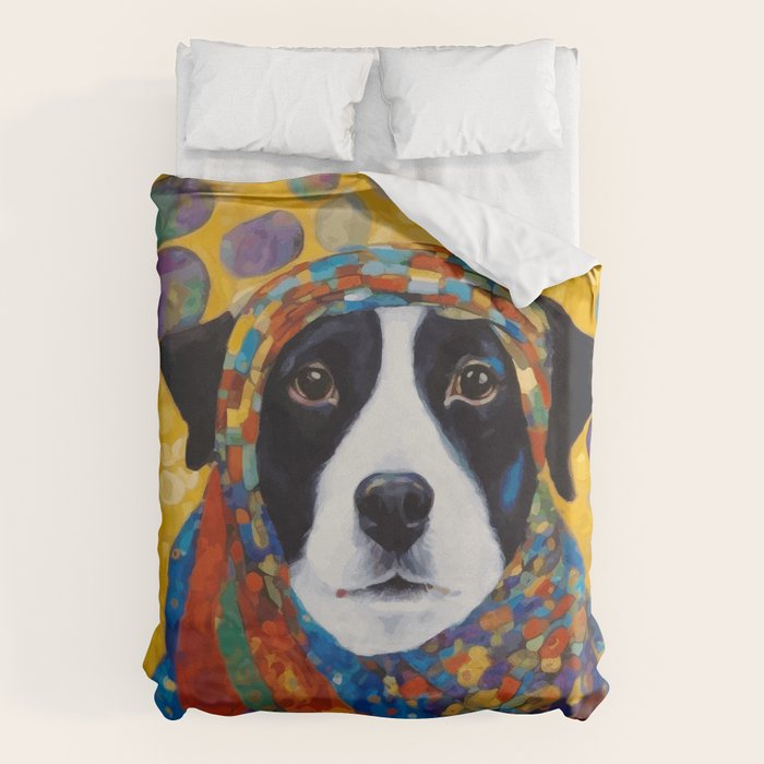 Gustav Klimt Style Dog with Colorful Scarf Duvet Cover Gallery Image 1