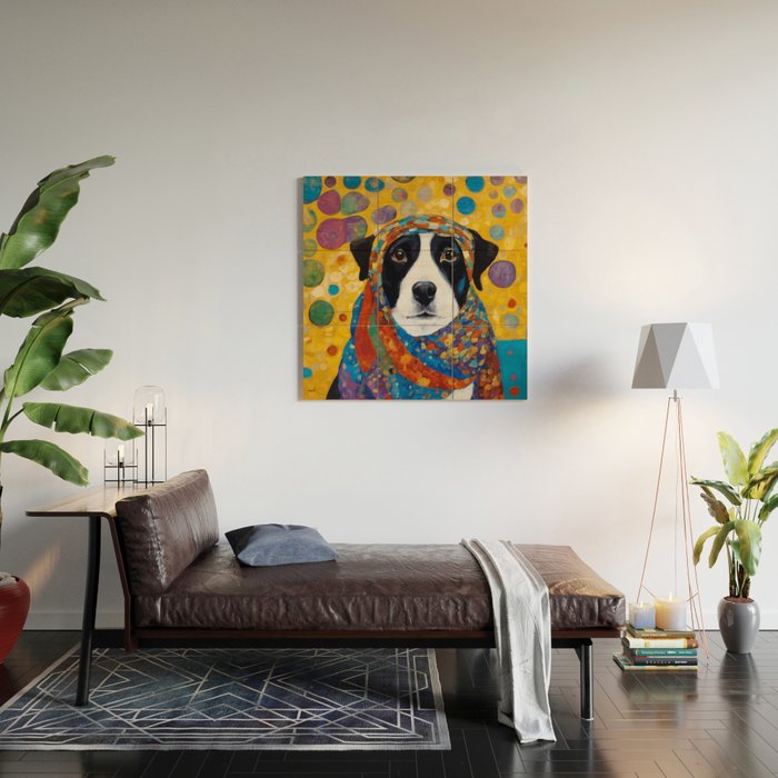 Gustav Klimt Style Dog with Colorful Scarf Wood Wall Art Gallery Image 2