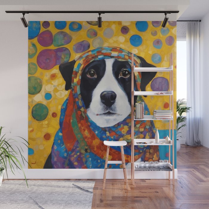 Gustav Klimt Style Dog with Colorful Scarf Wall Mural Gallery Image 1
