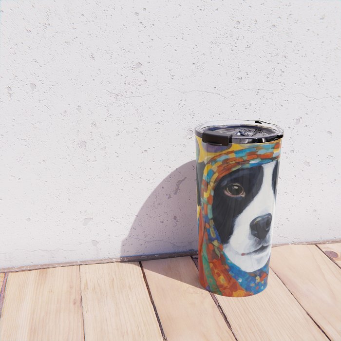 Gustav Klimt Style Dog with Colorful Scarf Travel Mug Gallery Image 4