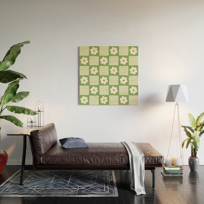 Retro Flower Checker in Forest Green Wood Wall Art Gallery Image 2