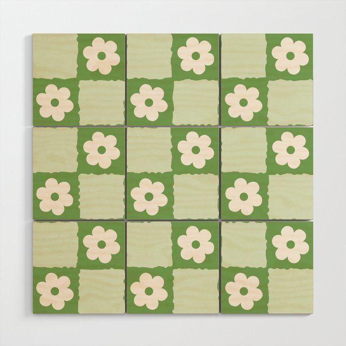 Retro Flower Checker in Forest Green Wood Wall Art Gallery Image 1