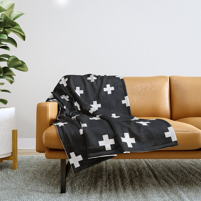 Swiss cross pattern white on black Throw Blanket Gallery Image 1