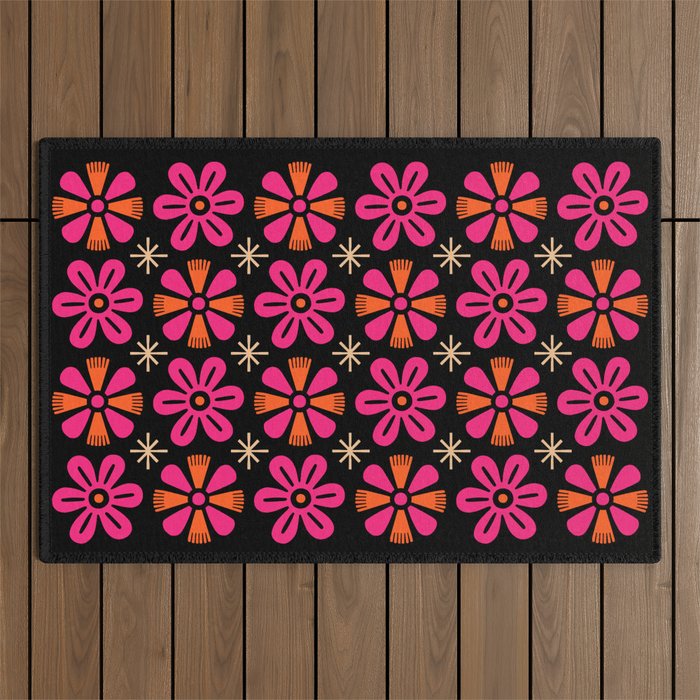 Retro Mid Century Modern Floral Pattern Outdoor Rug Gallery Image 1