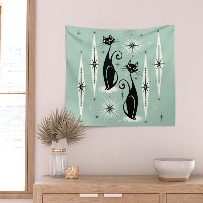 Mid Century Meow Retro Atomic Cats Mint Wall Tapestry Gallery Image 2