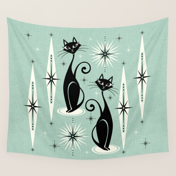 Mid Century Meow Retro Atomic Cats Mint Wall Tapestry Gallery Image 1