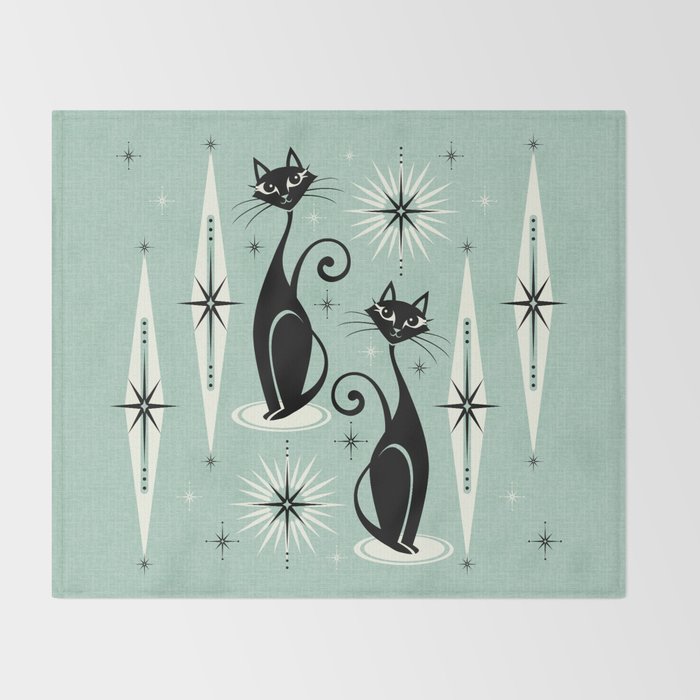 Mid Century Meow Retro Atomic Cats Mint Throw Blanket Gallery Image 2