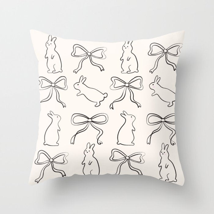Ribbon Bows and Bunnies in Black and Linen White Throw Pillow Gallery Image 1