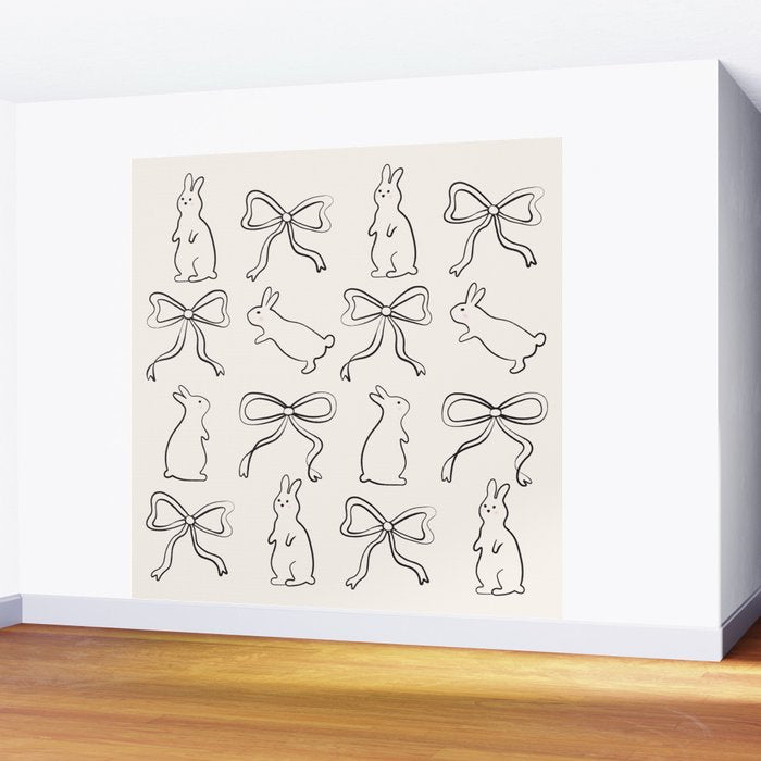 Ribbon Bows and Bunnies in Black and Linen White Wall Mural Gallery Image 2